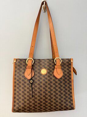 Rioni Signature Shoulder Tote in Brown With A Monogram Print and Leather Trim